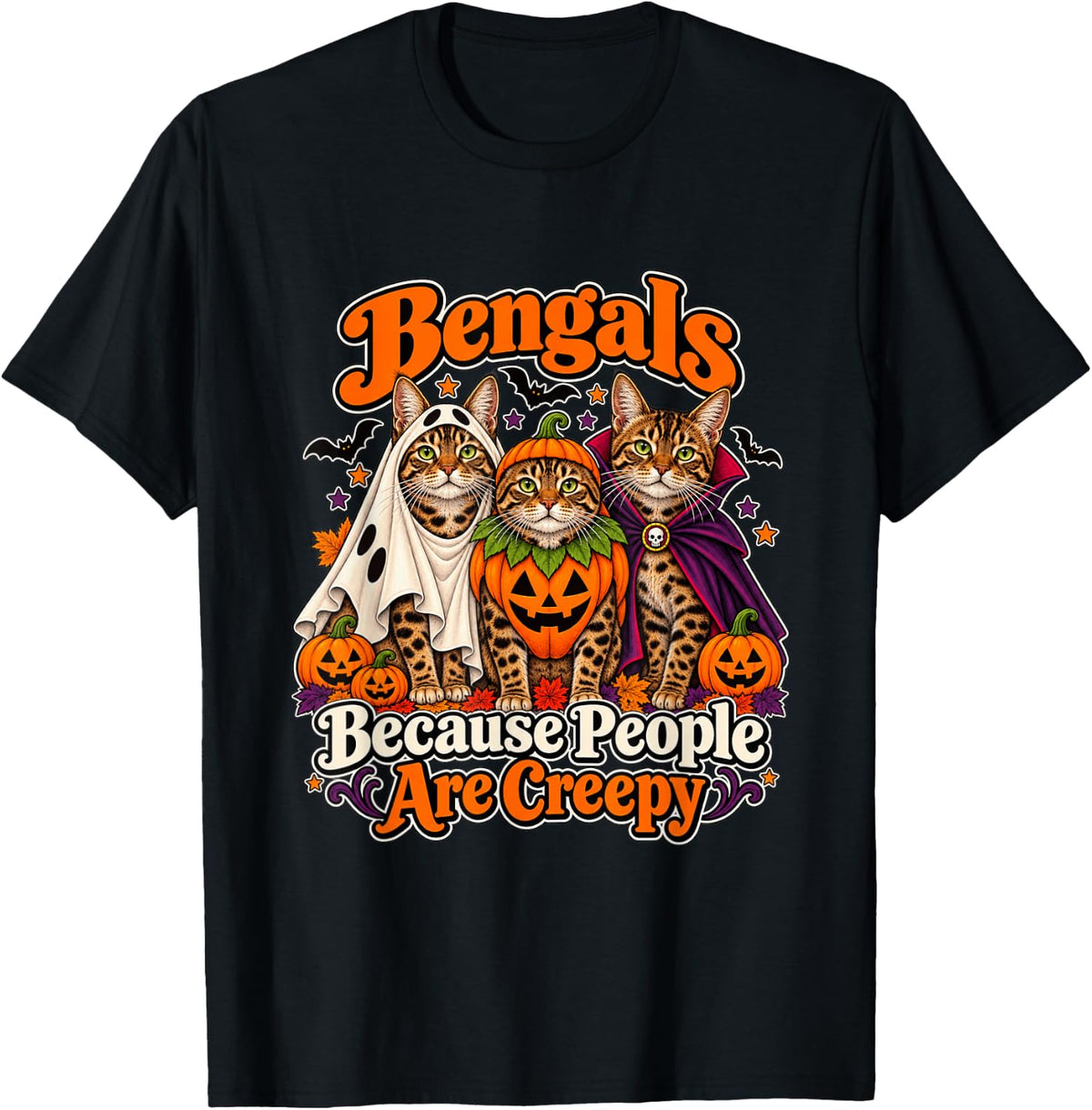 Bengal Cats Halloween Ghost Pumpkin Vampire Costume T-Shirt - Black