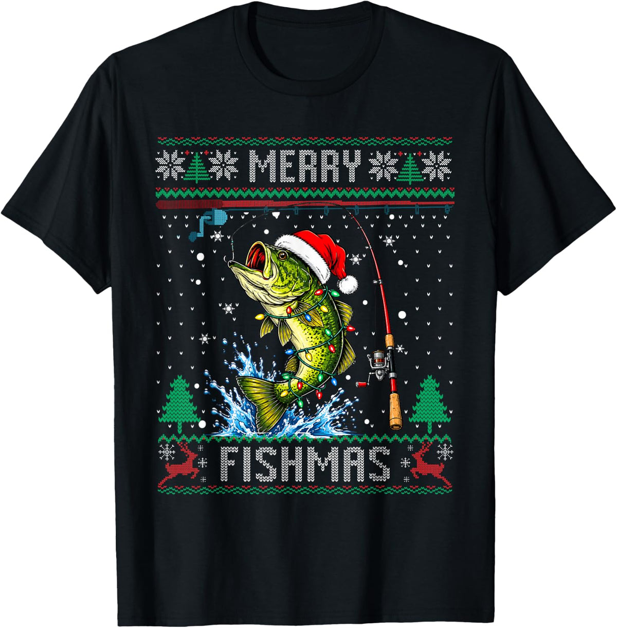 Merry Fishmas Santa Fishing Lovers Funny Fisherman Christmas T-Shirt - Black