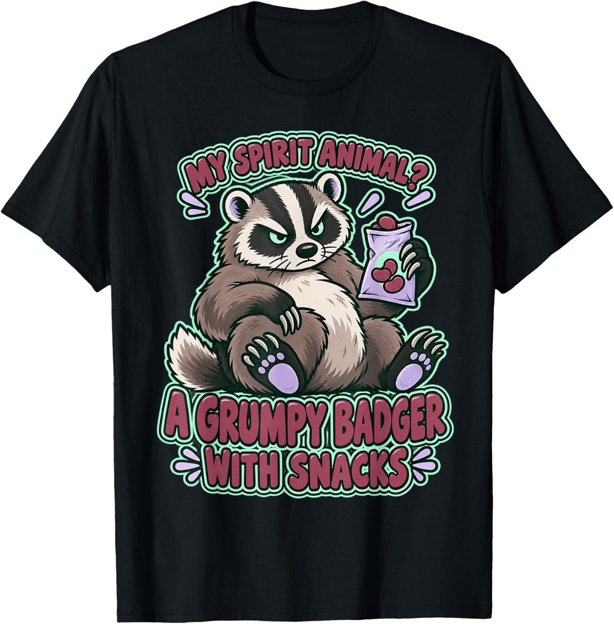 My Spirit Animal Grumpy Badger with Snacks Art T-Shirt - Black