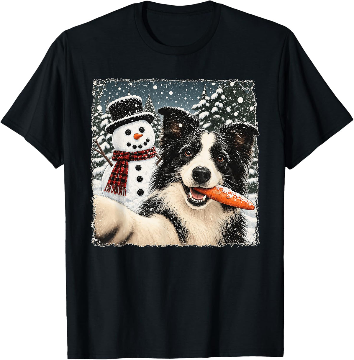 Border Collie Dog Christmas Selfie Stole The Snowman Funny T-Shirt - Black
