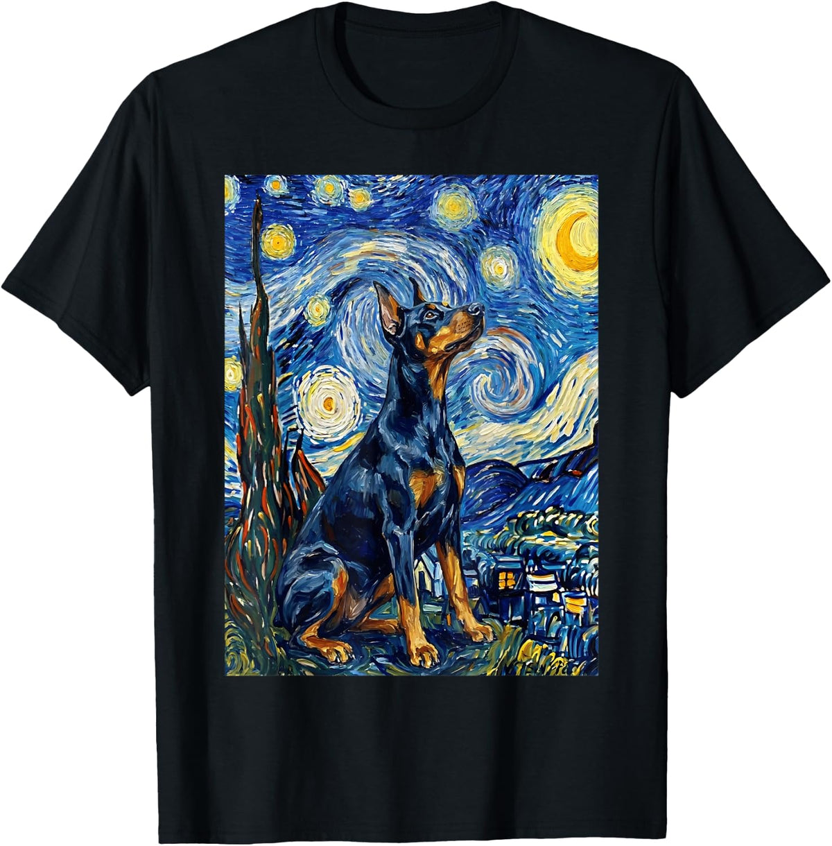 Doberman Starry Night Dog Art Van Gogh Style T-Shirt - Black