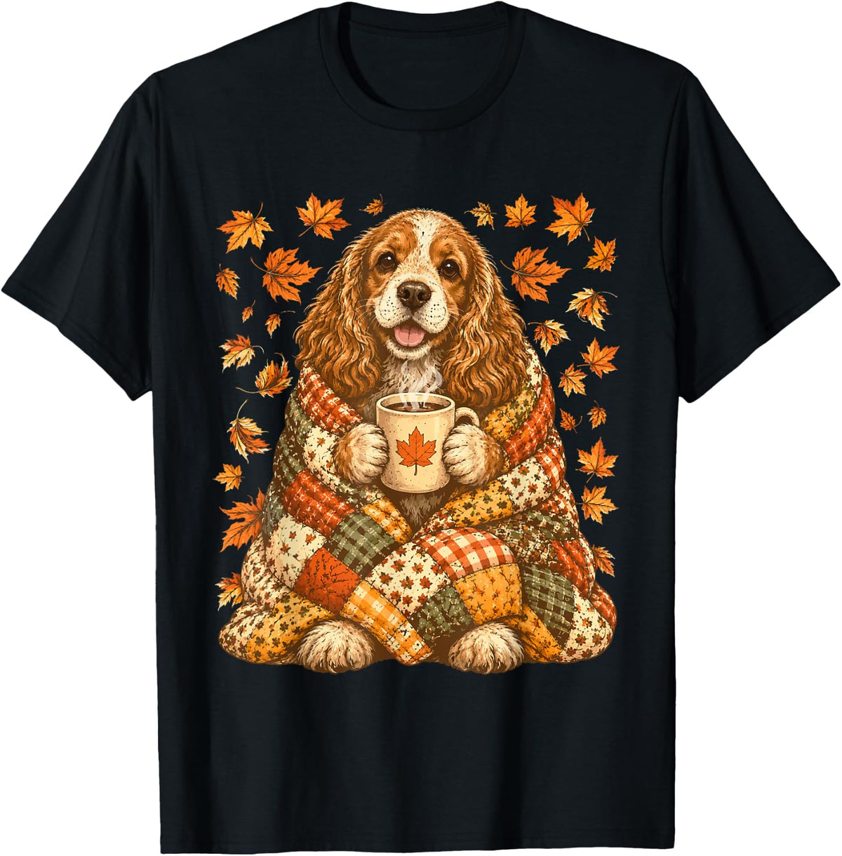 Cocker Spaniel with Maple Leaves Cozy Autumn Dog Fall Art T-Shirt - Black