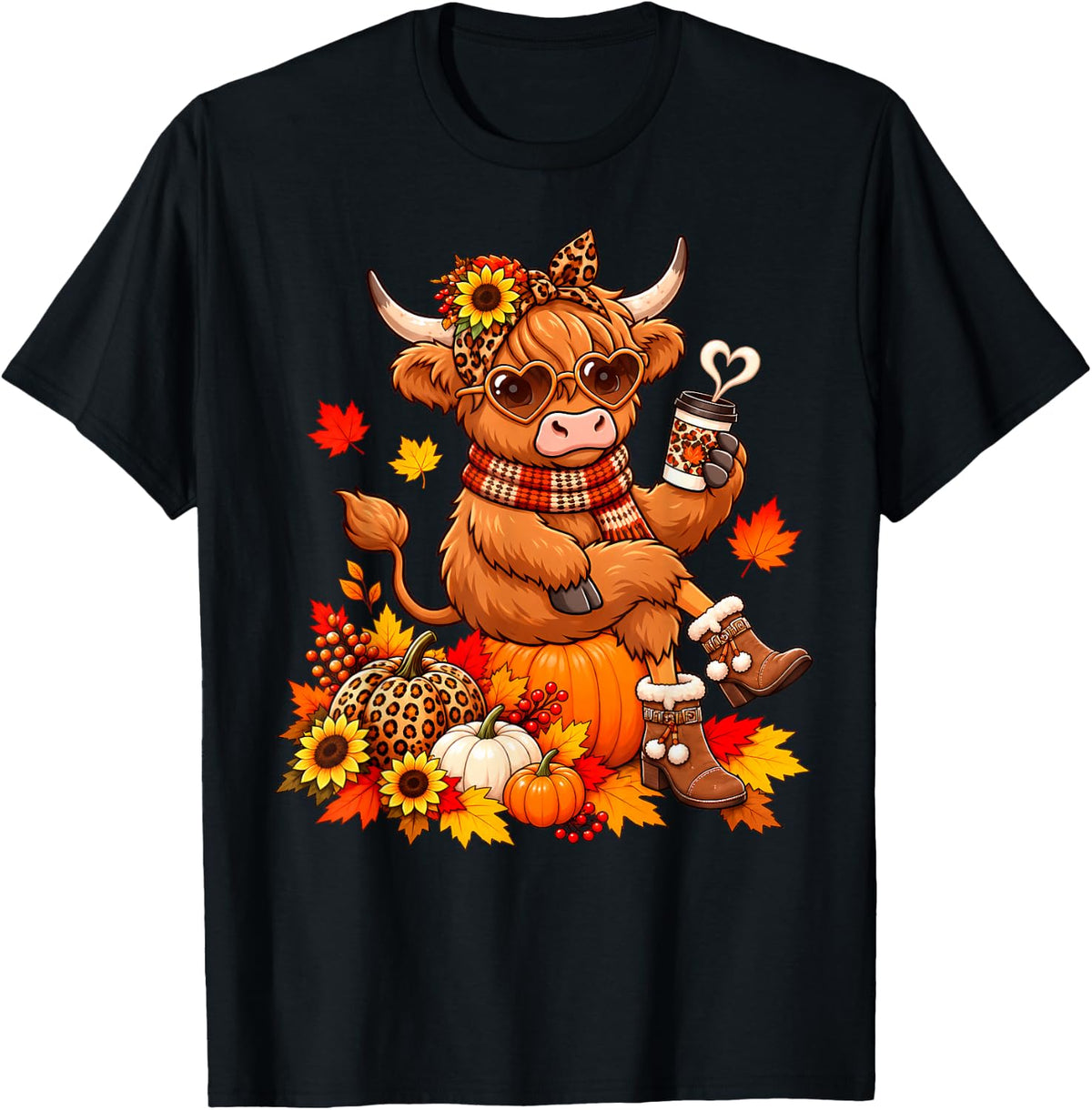 Leopard Highland Cow Drinking Coffee Fall Thanksgiving T-Shirt - Black