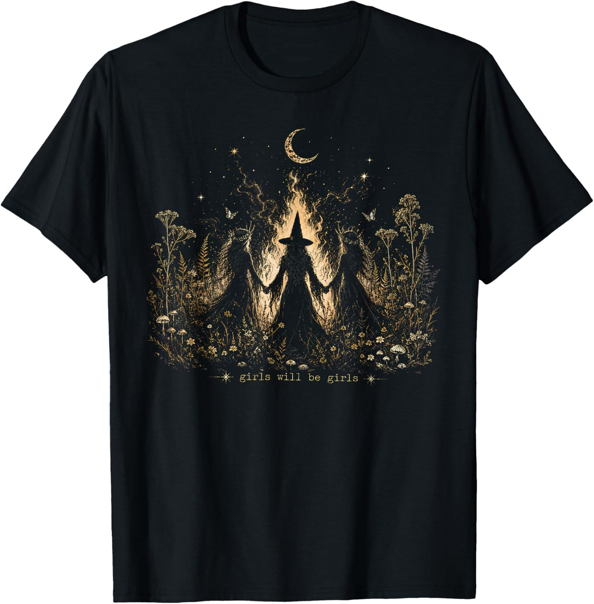 Girl Will Be Girls Witch Halloween Gothic Moon T-Shirt - Black