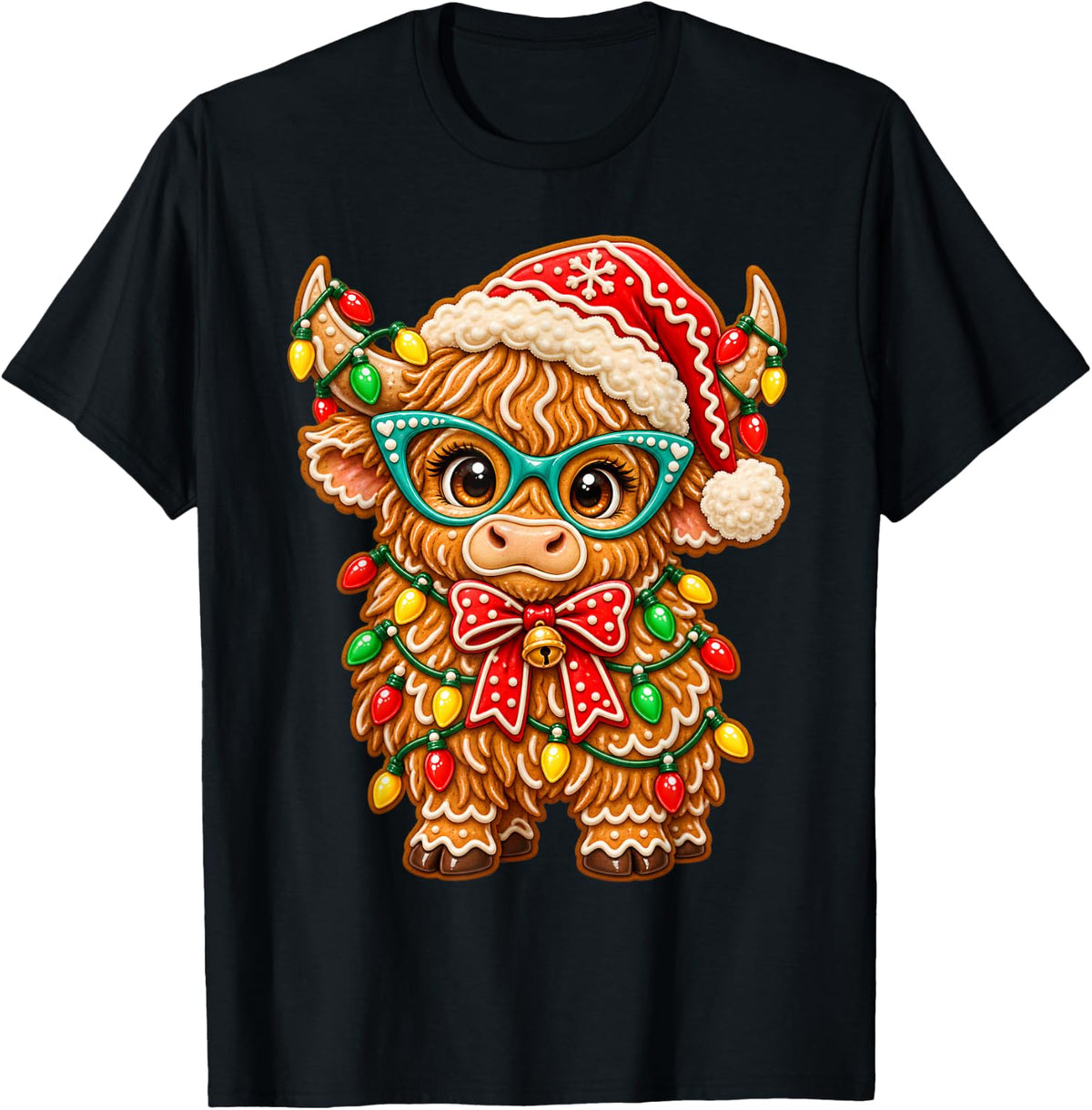 Funny Gingerbread Highland Cow Christmas Lights Santa Hat T-Shirt - Black