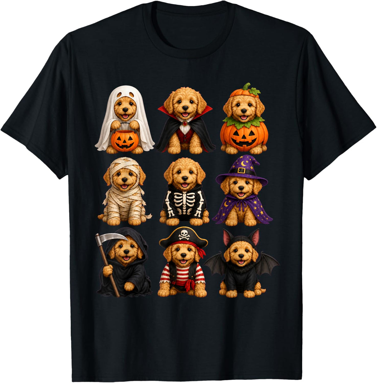 Halloween Apricot Goldendoodle Squad Pumpkin Vampire T-Shirt - Black