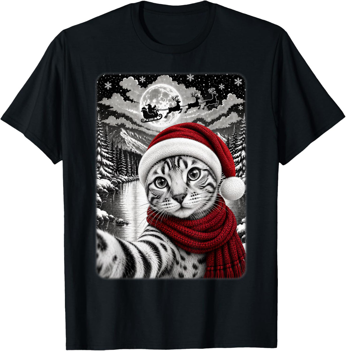 Bengal Cat Christmas Selfie Full Moon Night Starry Sky Xmas T-Shirt - Black
