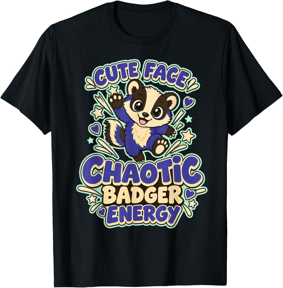 Cute Face Chaotic Badger Energy Kids Art T-Shirt - Black