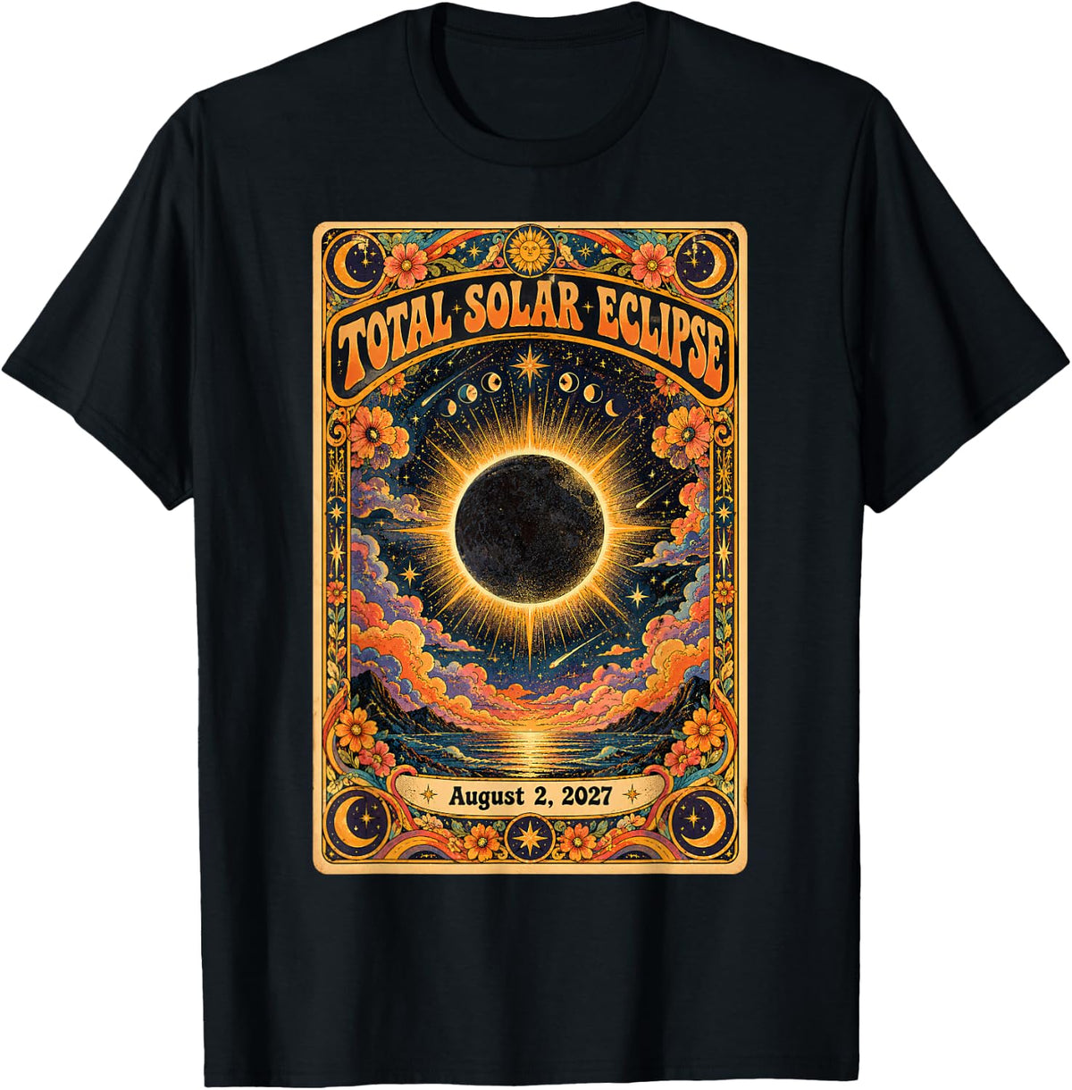 Total Solar Eclipse August 2 2027 Tarot Card Retro Groovy T-Shirt - Black