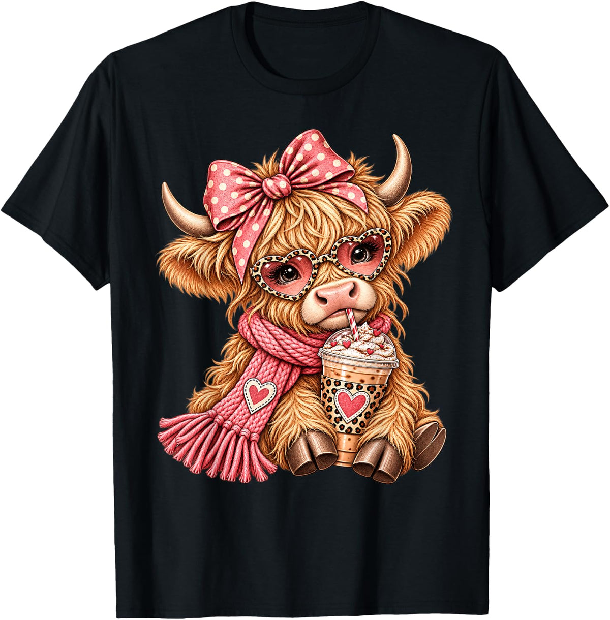 Cute Highland Cow Valentine Drink Coffee Western Cowgirl T-Shirt - Black