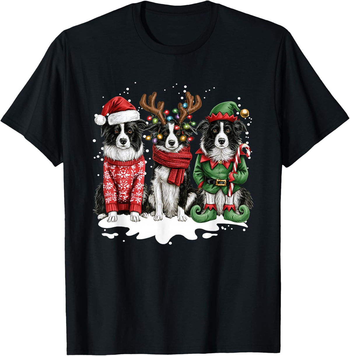 Border Collie Dog Christmas Dogs Funny Reindeer Elf T-Shirt - Black