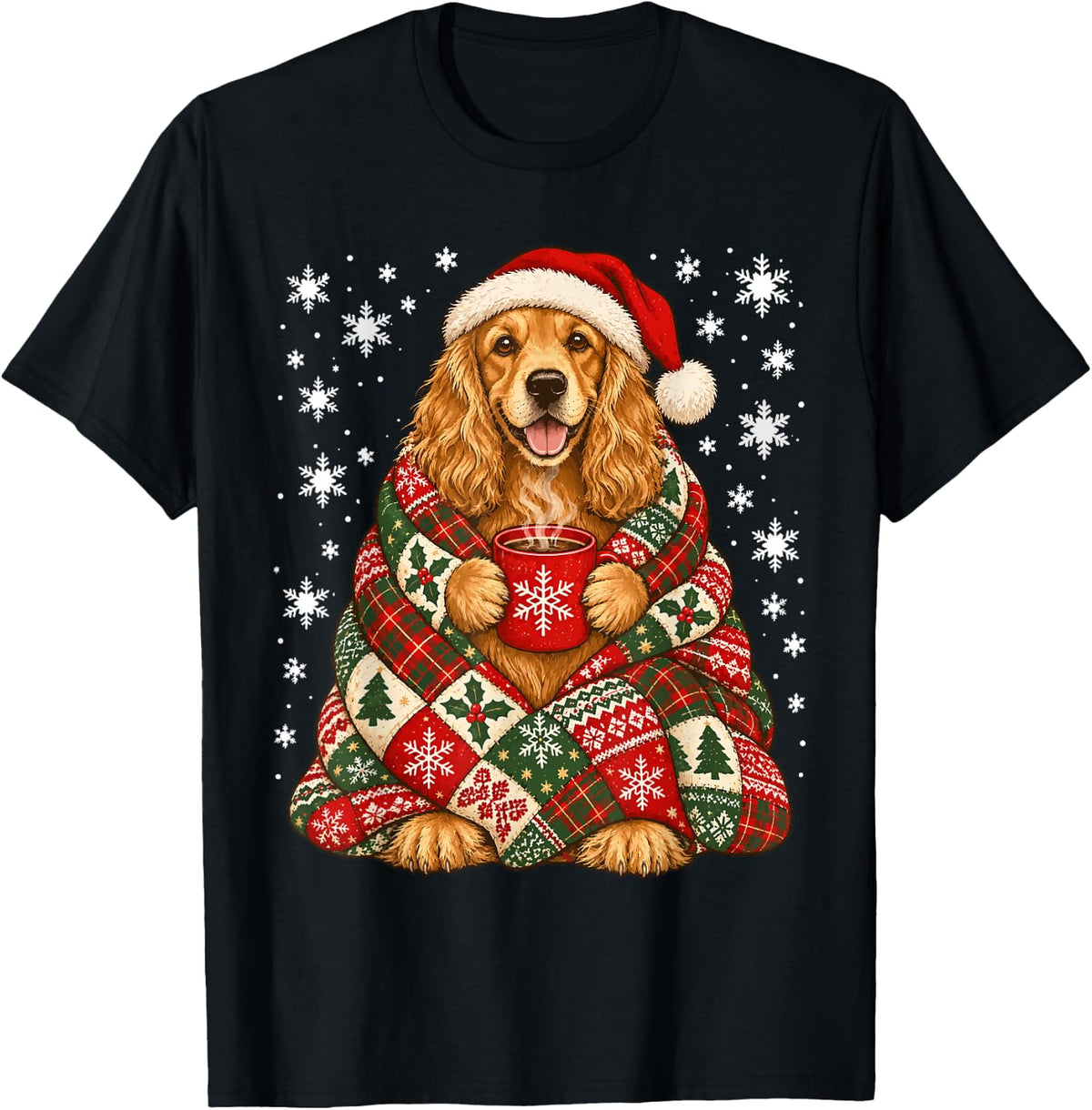 Cocker Spaniel with Coffee Snowflakes Christmas Dog Winter T-Shirt - Black