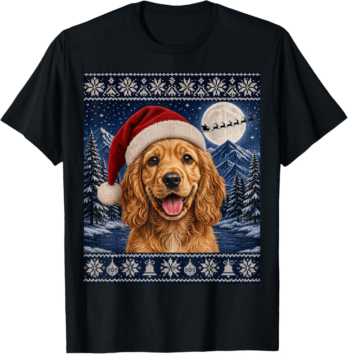 Cute Cocker Spaniel Puppy Dog Santa Ugly Christmas T-Shirt - Black