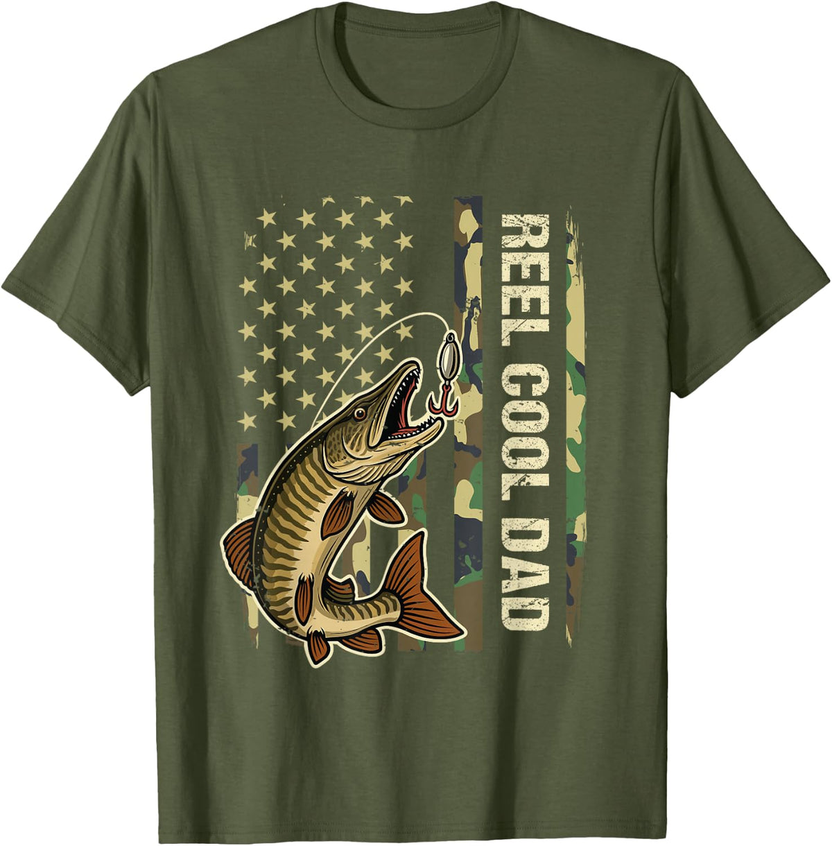 Reel Cool Dad Muskie Fishing Fisherman Musky American Flag T-Shirt - Olive Green