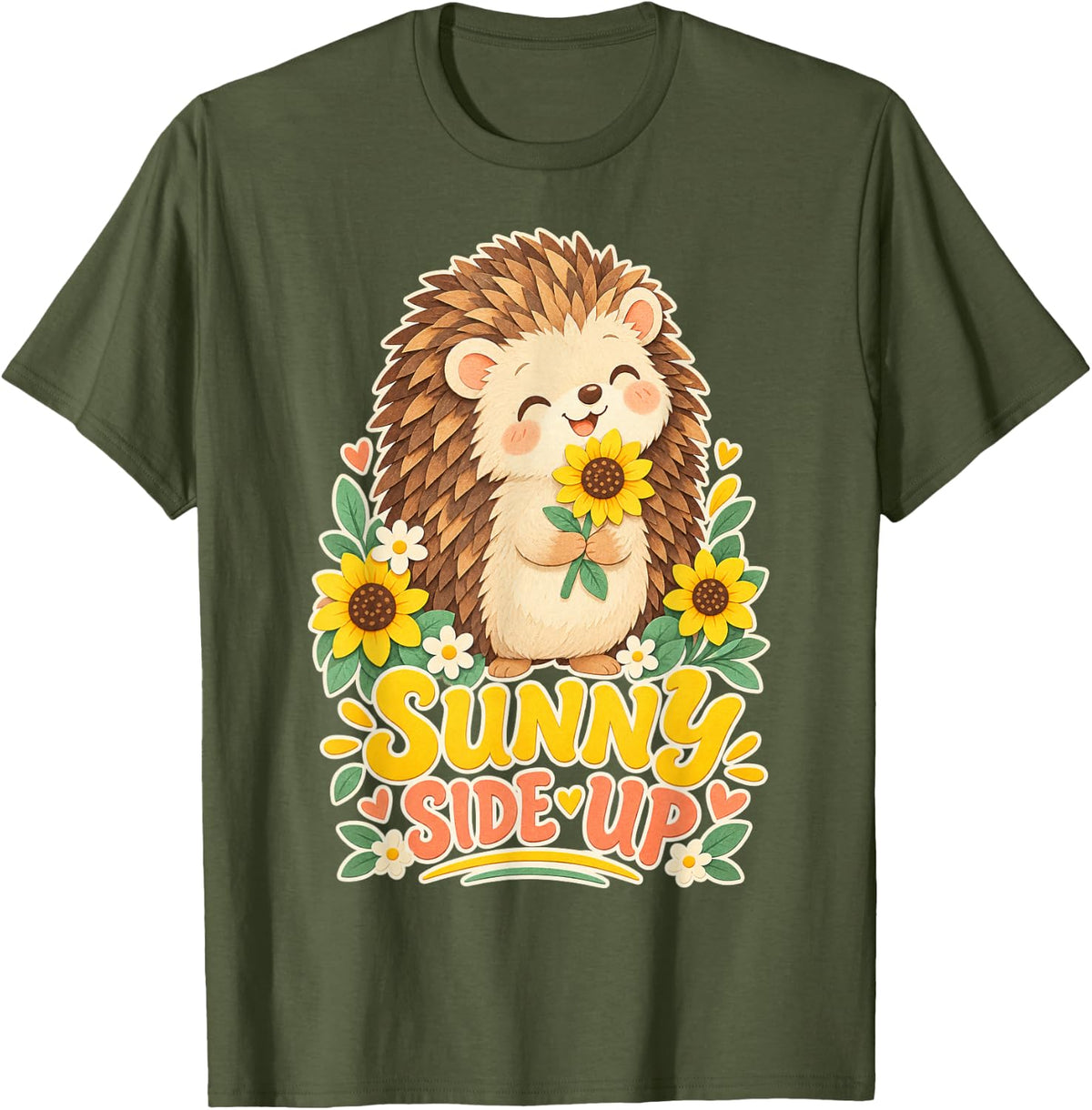 Hedgehog Holding Sunflower Sunny Side Up T-Shirt - Olive Green