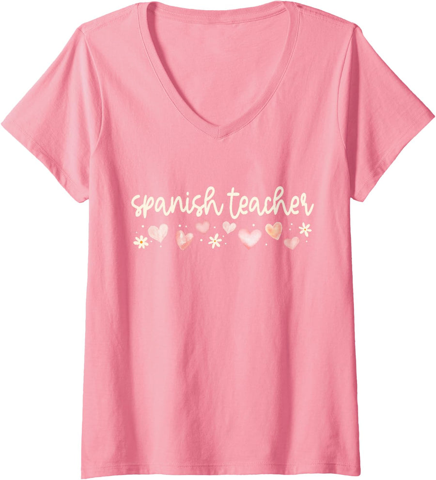 Women's Spanish Teacher Valentines Day Bilingual Maestra Daisy Heart V-Neck T-Shirt - Pink