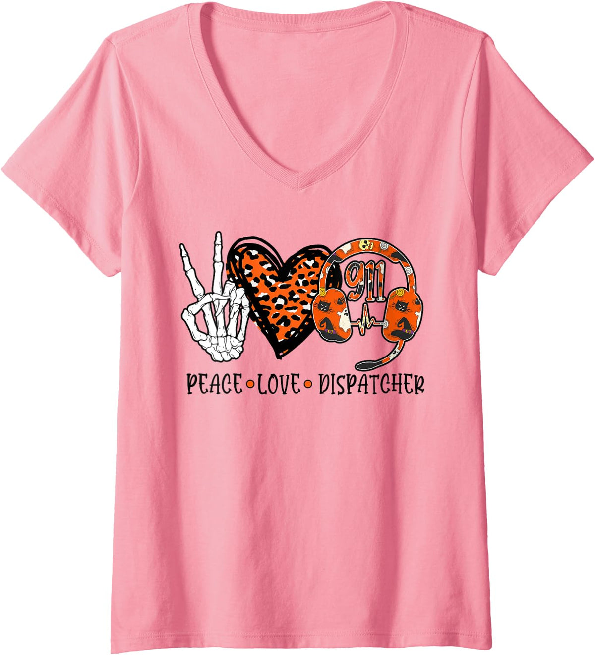 Women's nbrM Peace Love Dispatcher Leopard Witchy Autumn Halloween V-Neck T-Shirt - Pink
