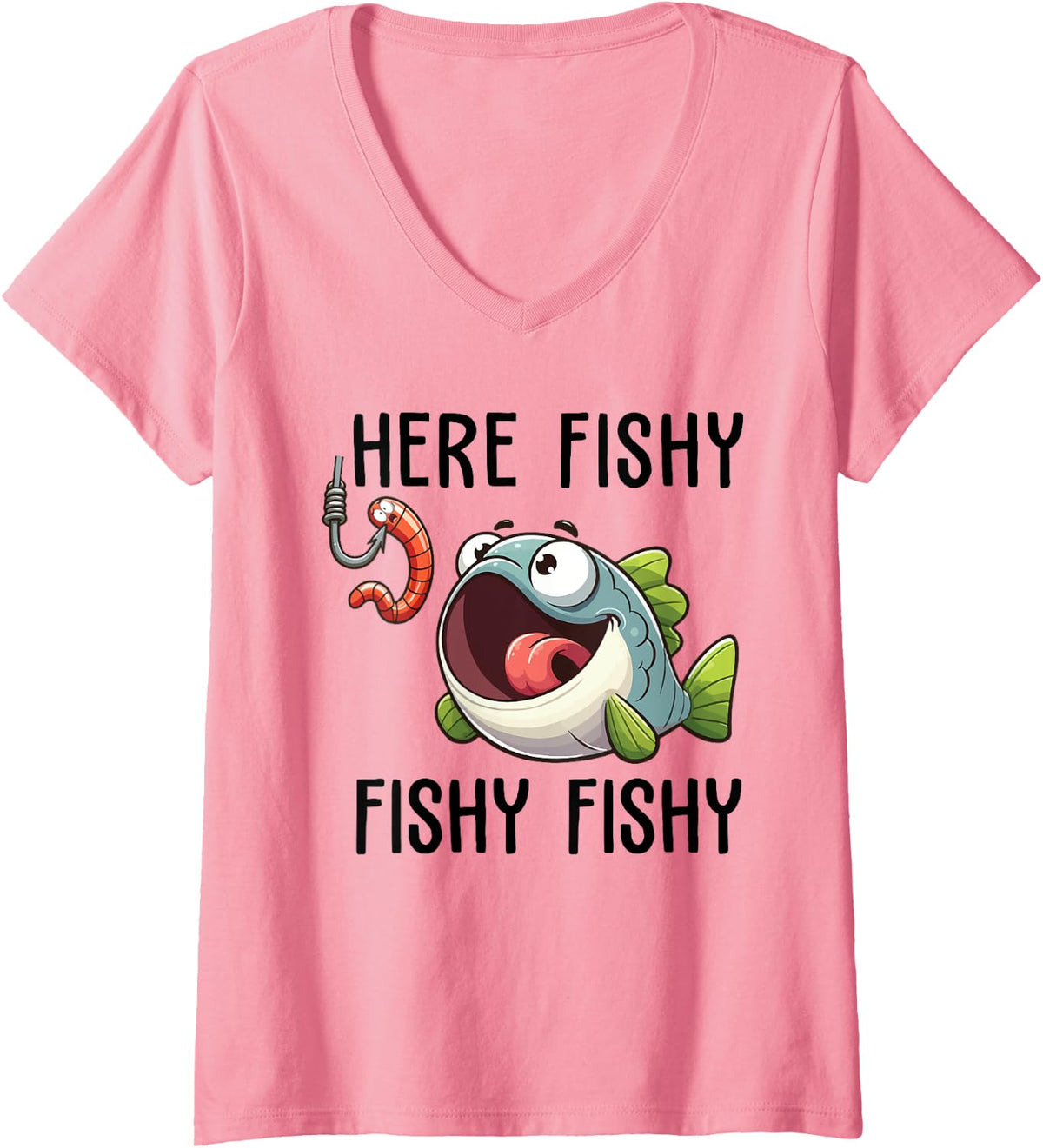 Womens Here Fishy Fisherman Funny Fishing Lover Cute Fish Worm V-Neck T-Shirt - Pink