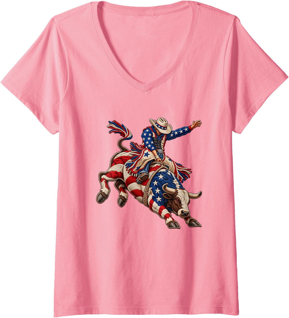 Women's American Rodeo Riding Bull Retro USA Vintage Souvenir Kids V-Neck T-Shirt - Pink