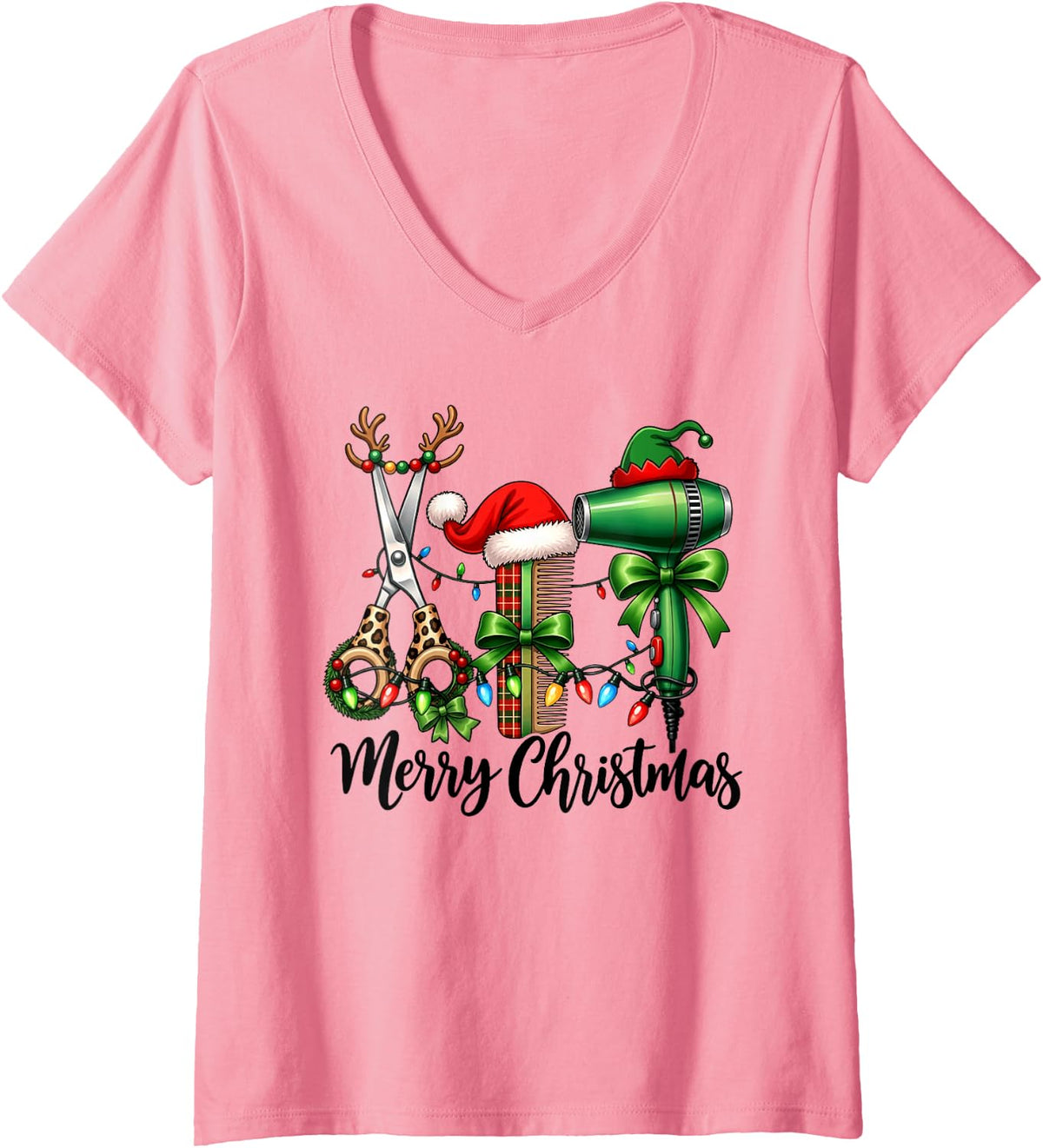 Women's Funny Christmas Hairstylist Holiday Salon Hairdresser Xmas V-Neck T-Shirt - Pink