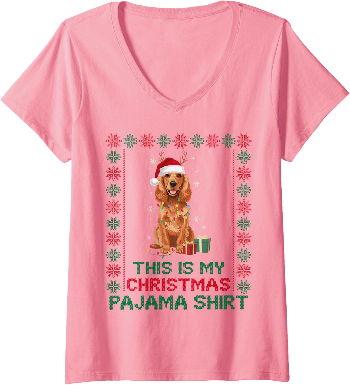 Women's Funny Cocker Spaniel Reindeer Santa Lights Dog Mom Dad Lover V-Neck T-Shirt - Pink