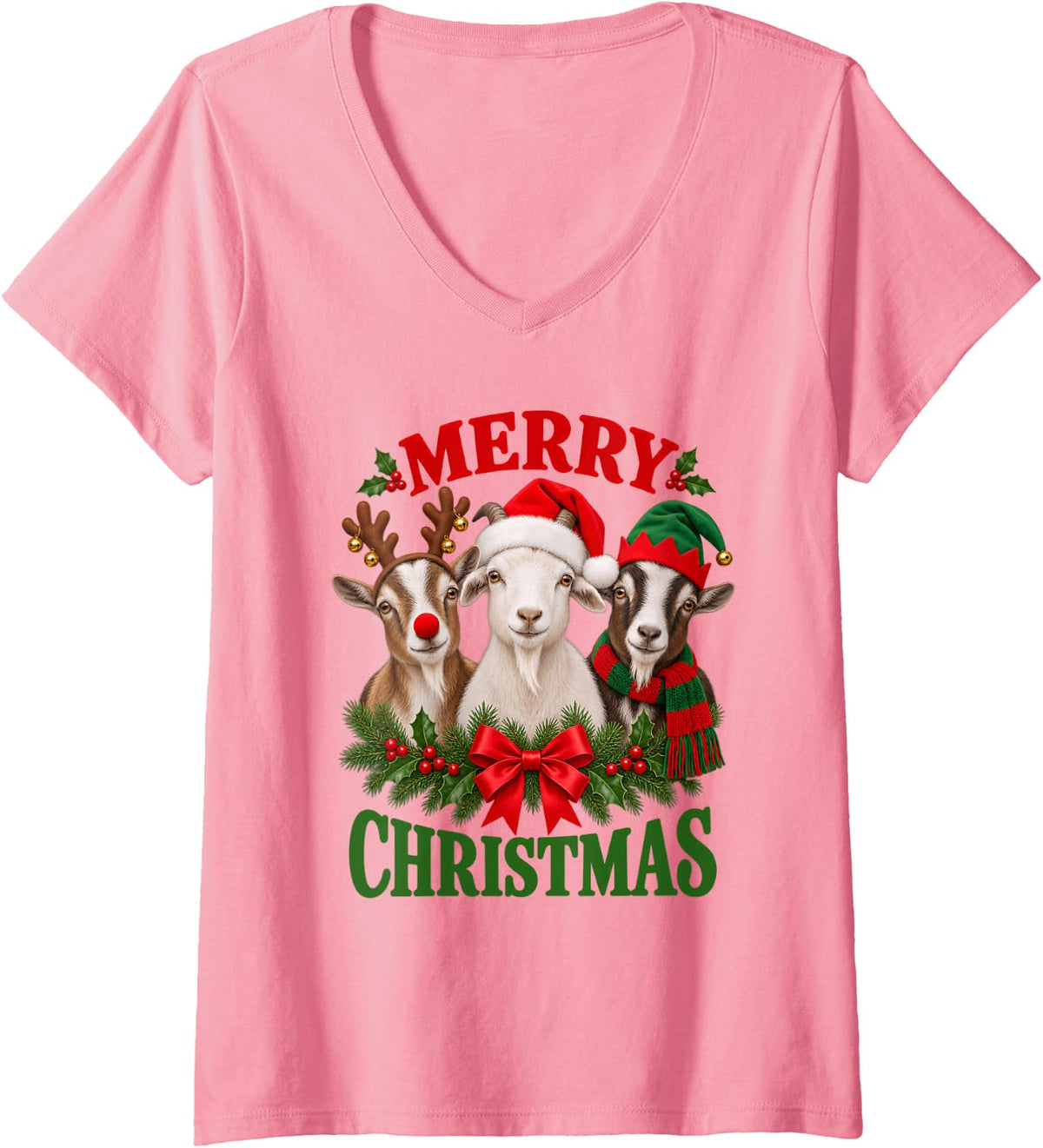 Women's Merry Christmas Goat Santa Elf Reindeer Xmas Holiday V-Neck T-Shirt - Pink