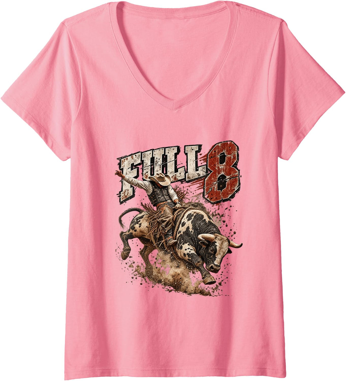 Women's American Rodeo Riding Bull Retro USA Vintage Souvenir Full 8 V-Neck T-Shirt - Pink