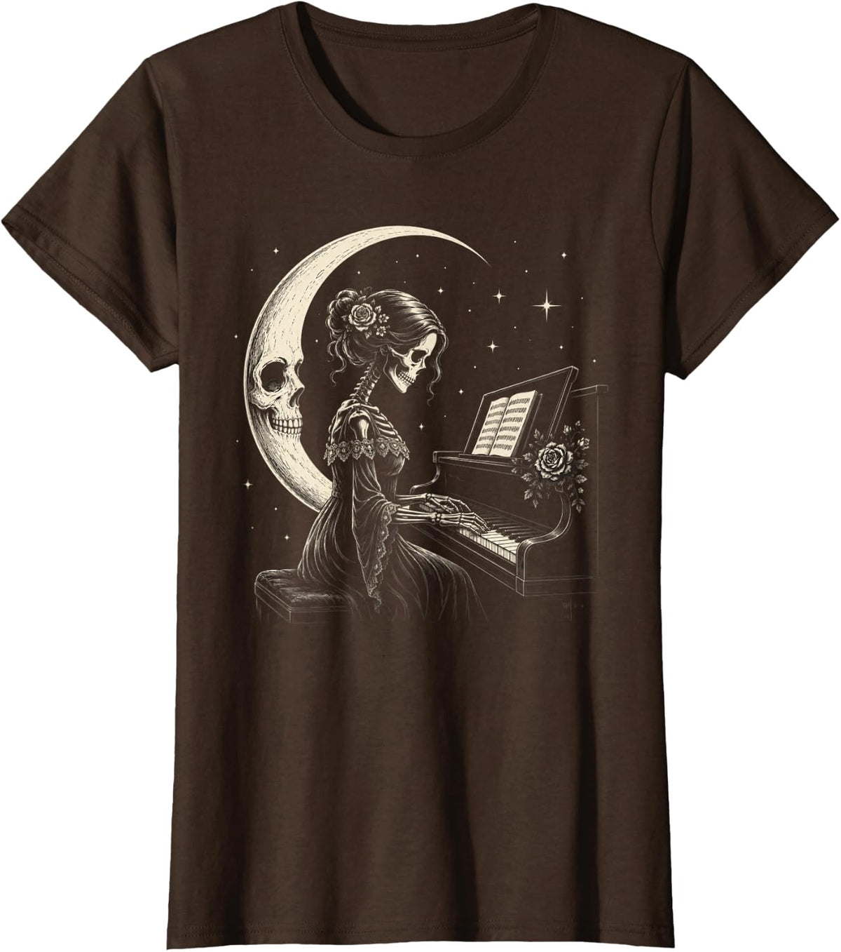 Gothic Skeleton Woman Playing Piano Goth Pianist T-Shirt - Brown
