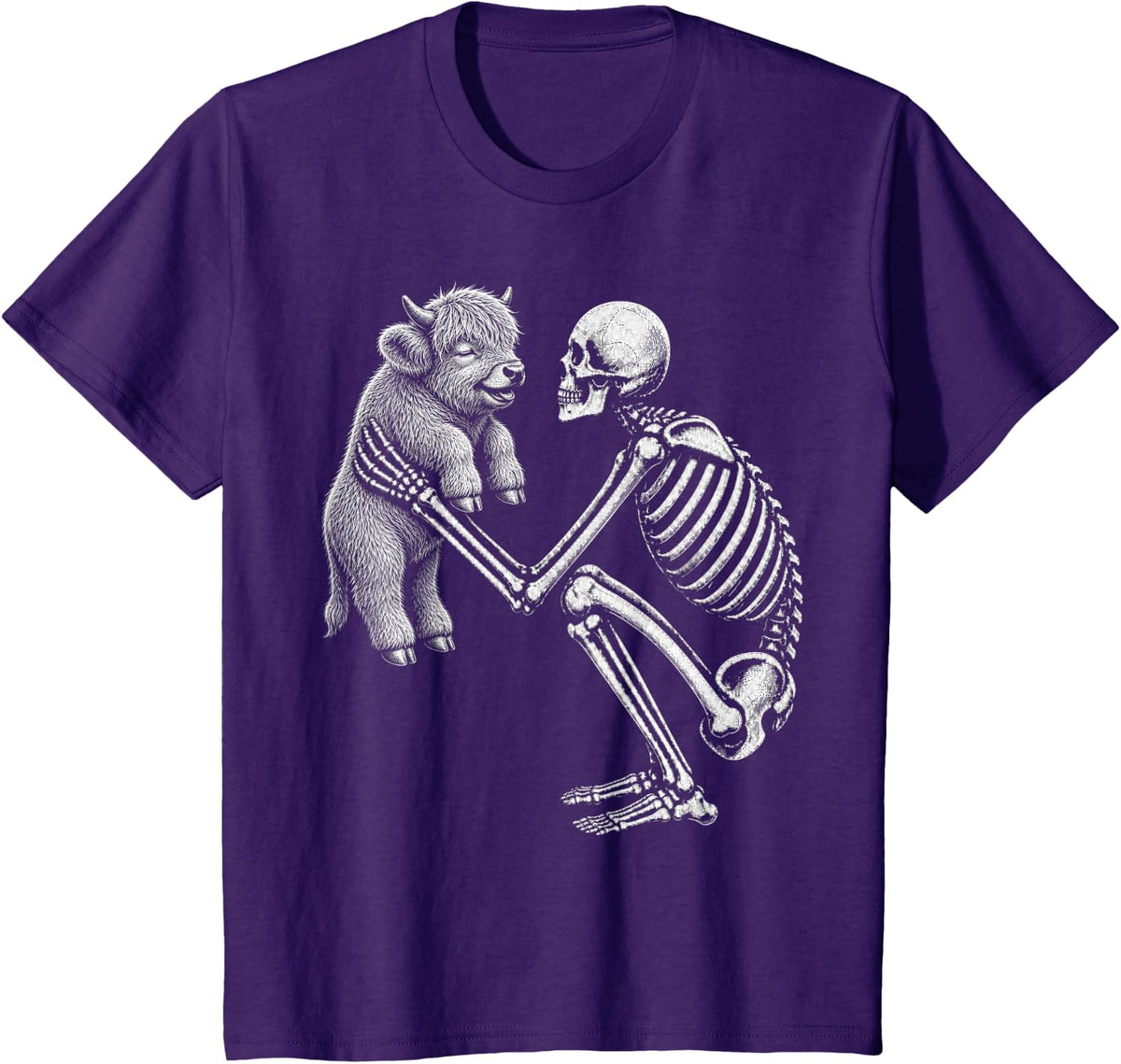Skeleton Holding Scottish Highland Cow Retro Halloween T-Shirt - Purple