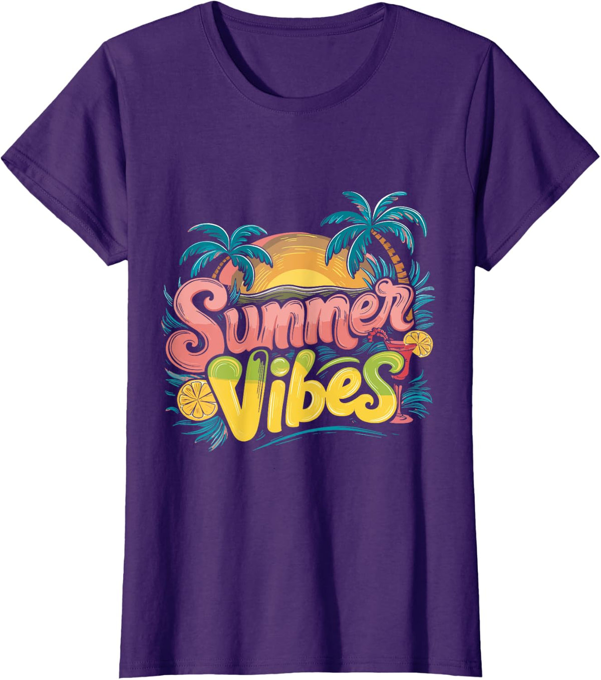 Retro Summer Vibes Colorful Sunset Tropical Design T-Shirt - Purple