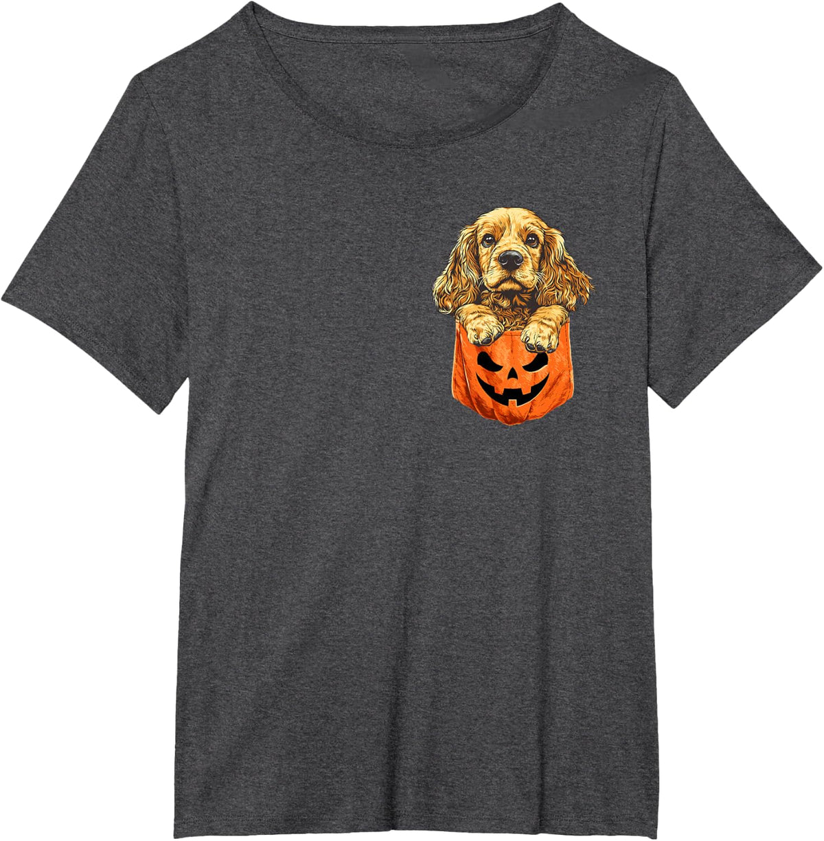 Funny Cocker Spaniel Peeking in Pocket Halloween Dog Lover T-Shirt - Dark Heather Grey