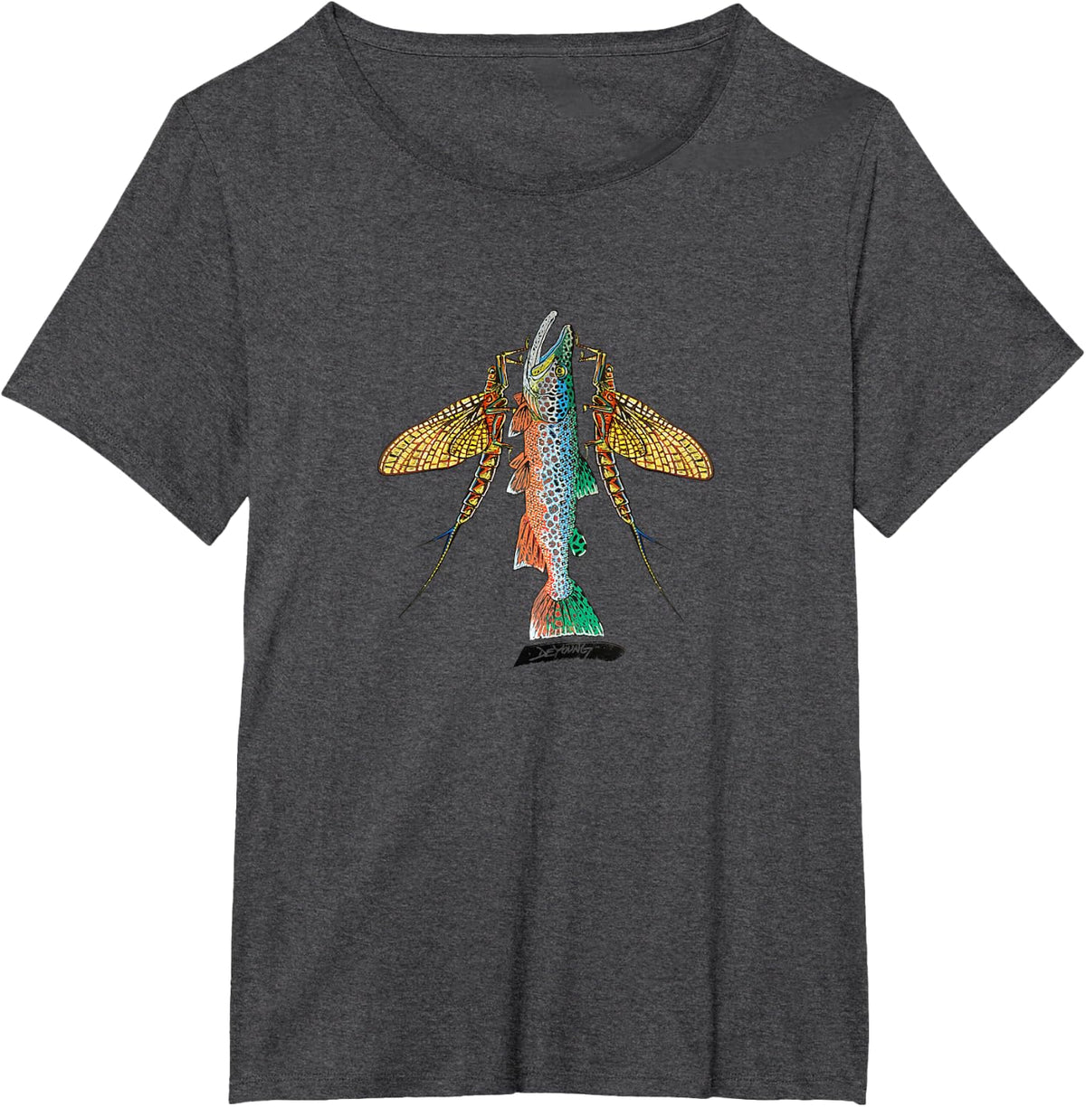 Rainbow Trout and Mayflies Fishing Tee Derek DeYoung Fish T-Shirt - Dark Heather Grey