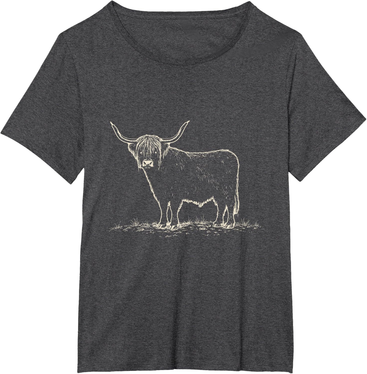Vintage Highland Cow Ink Drawing Hairy Coo Lover T-Shirt - Dark Heather Grey