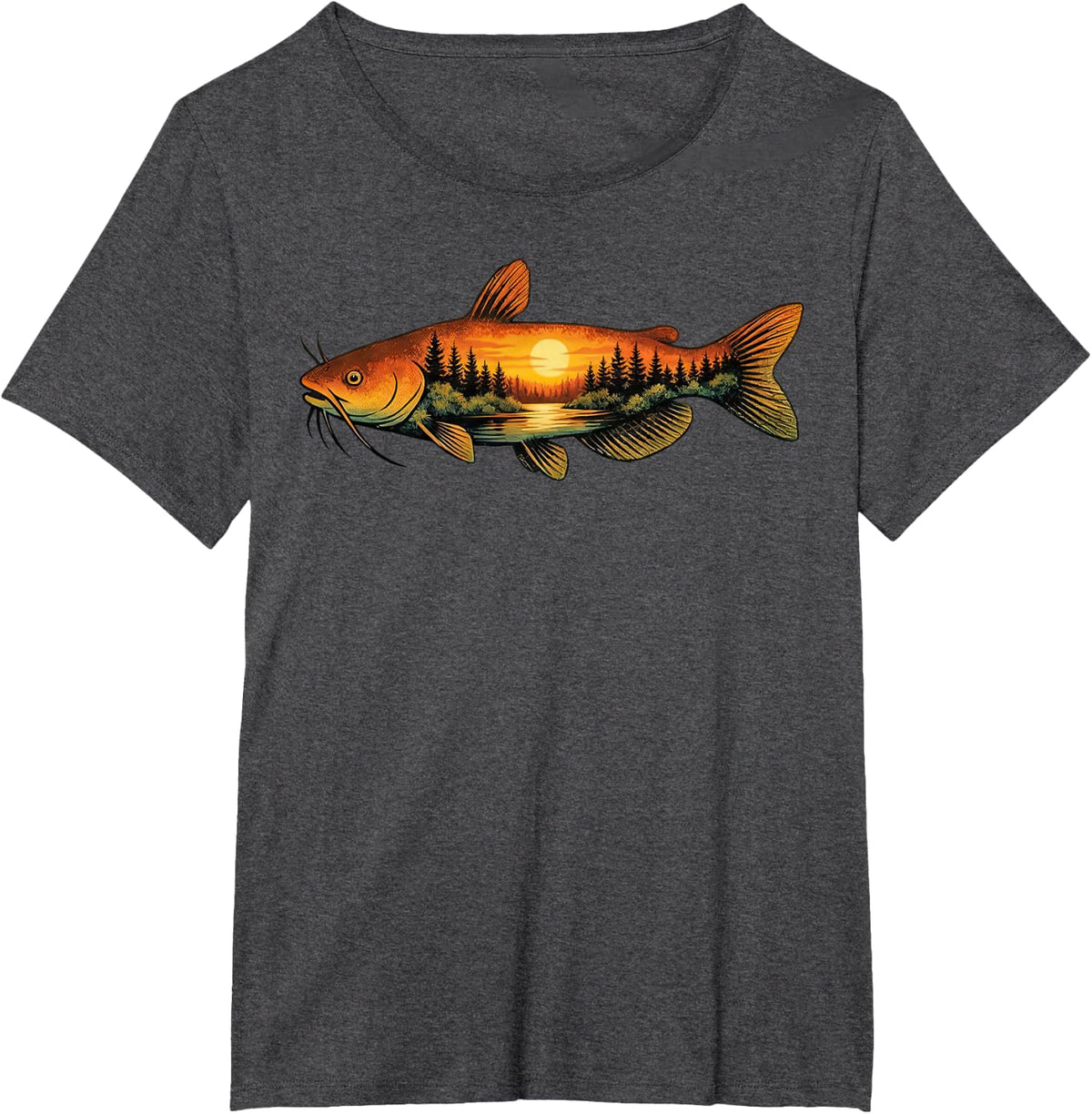 Catfish Fishing Mudcat Flathead Sunset Nature Landscape T-Shirt - Dark Heather Grey