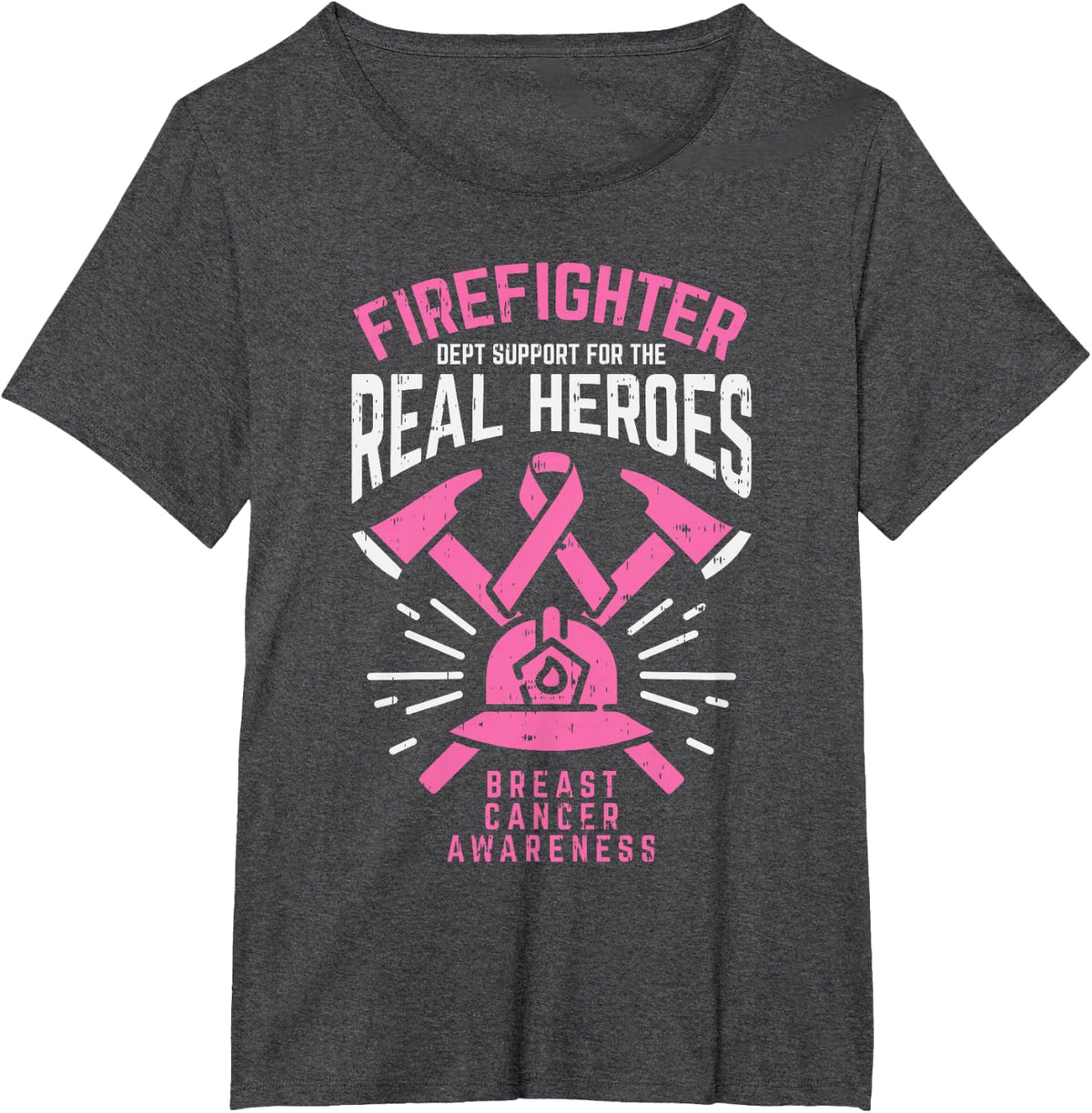 Firefighter Support Real Heroes Breast Cancer Awareness Gift T-Shirt - Dark Heather Grey