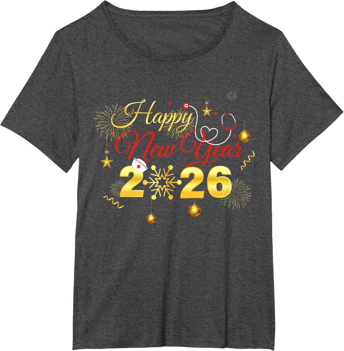 Happy New Year 2026 Fireworks Nurse Stethoscope NYE Party T-Shirt - Dark Heather Grey