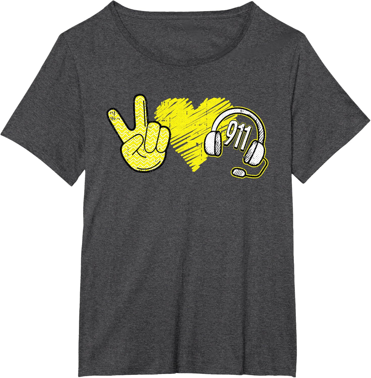 Peace Love 911 Dispatcher Thin Gold Line Dispatch Operator T-Shirt - Dark Heather Grey