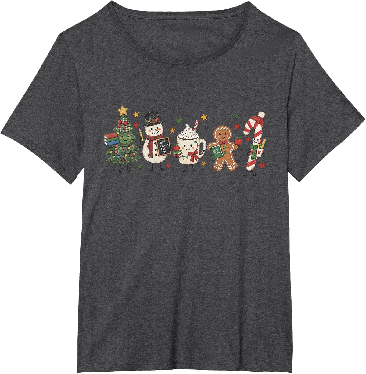 Funny Gingerbread Snowman Christmas Tree Characters Teacher T-Shirt - Dark Heather Grey