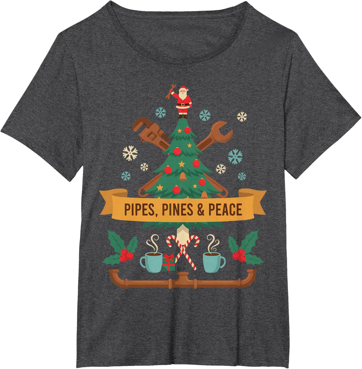 Christmas Plumber - Pipes, Pines & Peace T-Shirt - Dark Heather Grey