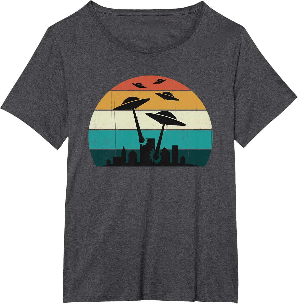Retro UFO Attack at Sunset - Cool Classic T-Shirt - Dark Heather Grey