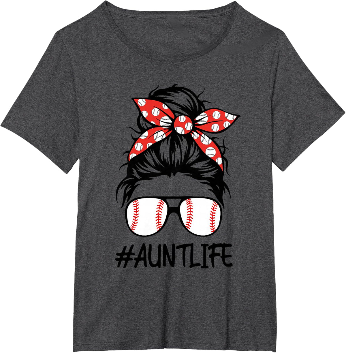 Baseball Aunt Life T-Shirt for Women Mothers Day Messy Bun Tee Gift - Dark Heather Grey