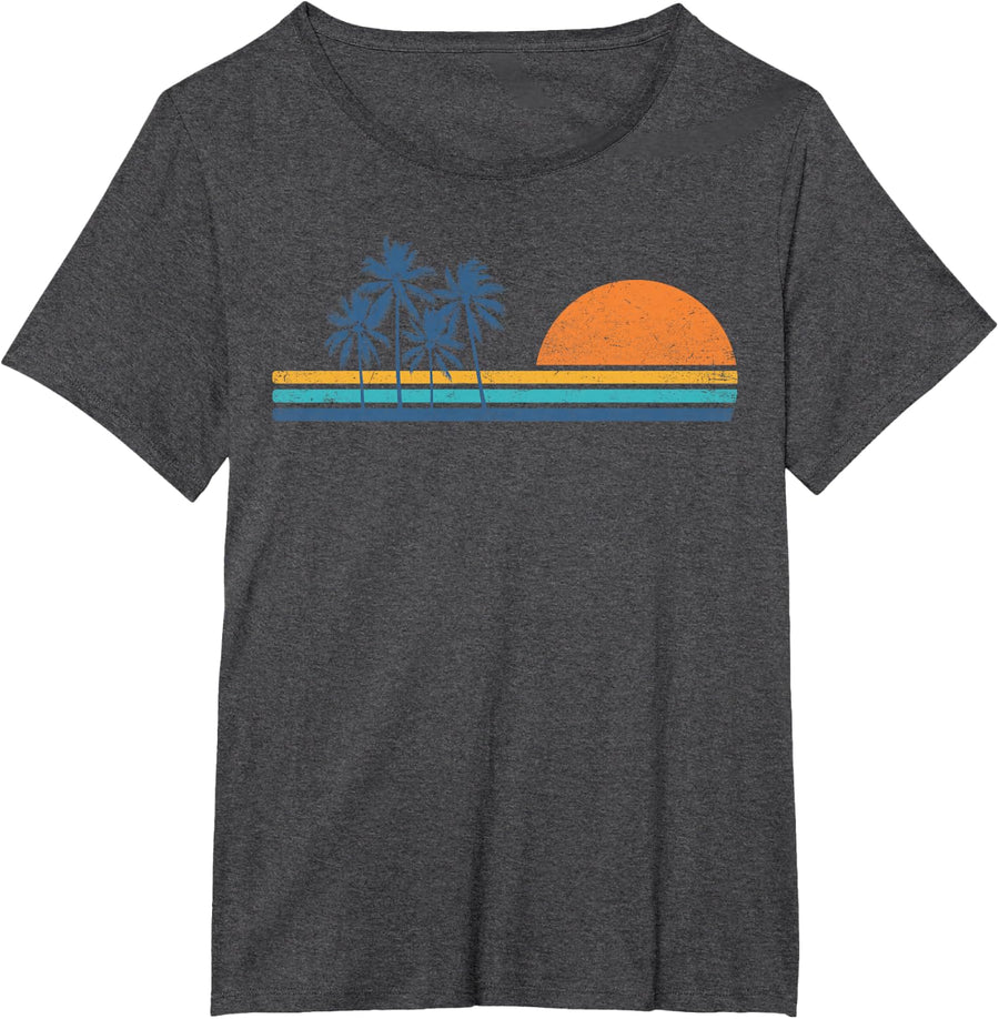 Retro 70s Sunset Palm Trees Vintage Tropical Beach Graphic T-Shirt - Dark Heather Grey