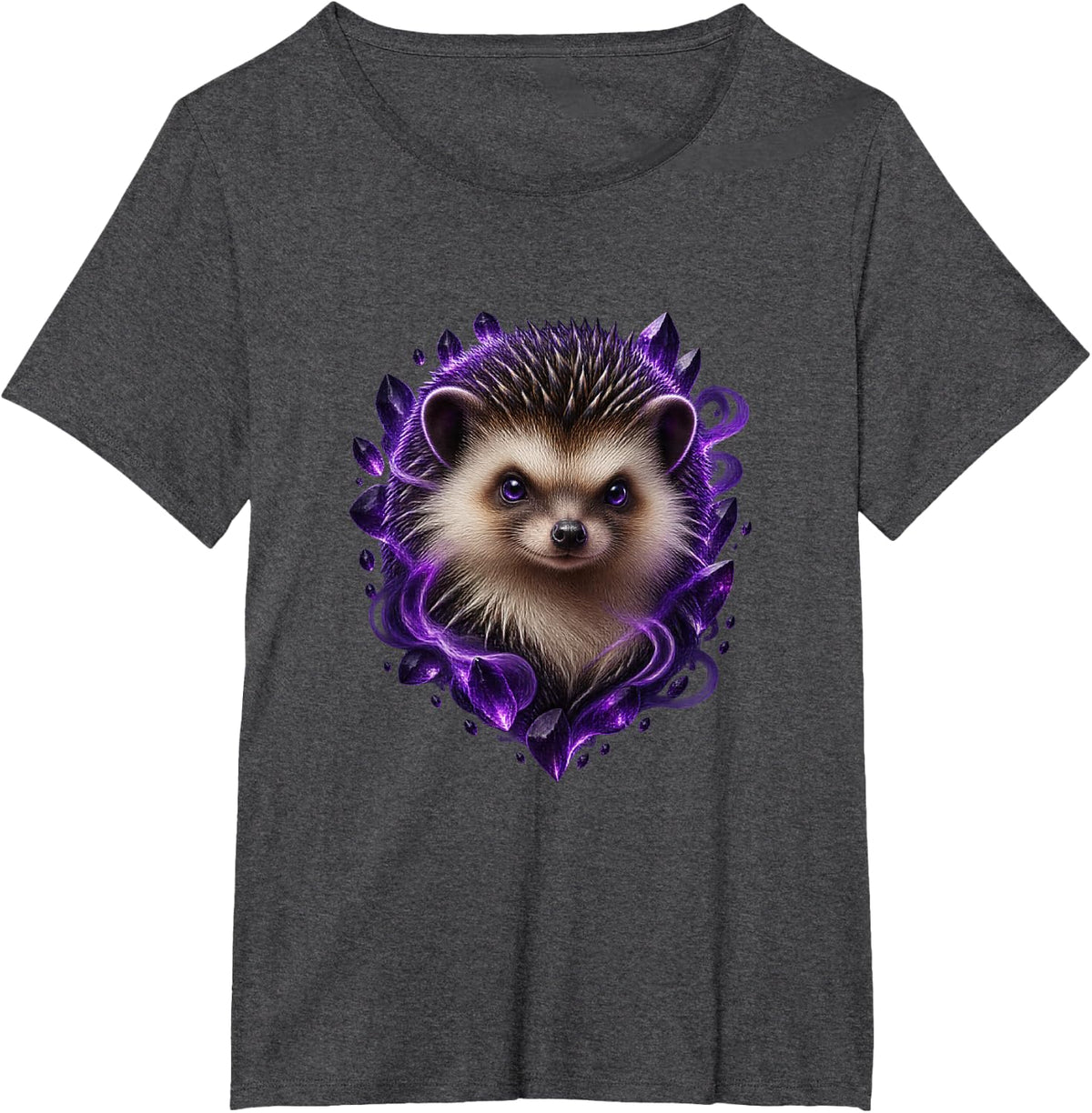 Hedgehog with Fractured Amethyst Halo Woodland Art T-Shirt - Dark Heather Grey