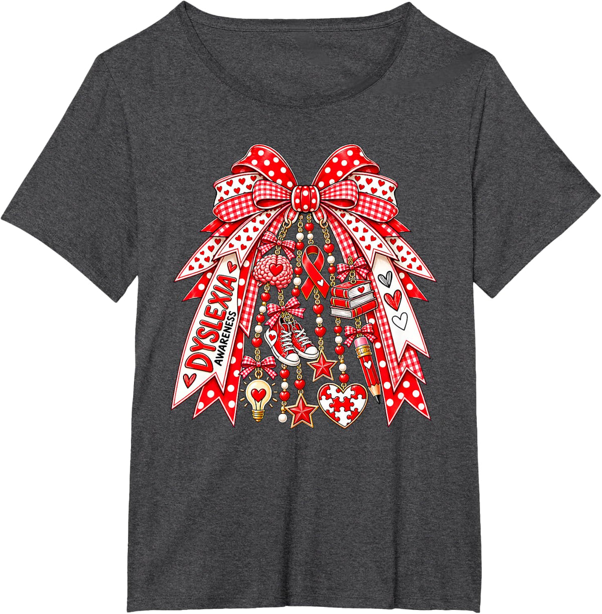 Coquette Bow Dyslexia Awareness Teacher Support Preppy T-Shirt - Dark Heather Grey