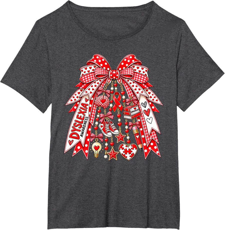Coquette Bow Dyslexia Awareness Teacher Support Preppy T-Shirt - Dark Heather Grey