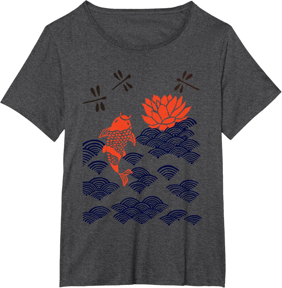 Japanese Style Koi Fish Dragonfly Wave Art Print Tee T-Shirt - Dark Heather Grey