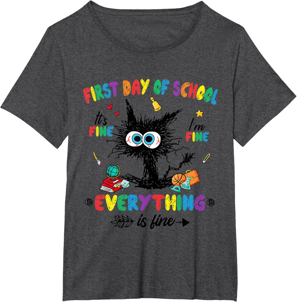 First Day Of School Black Cat It's Fine I'm Fine Teacher Kid T-Shirt - Dark Heather Grey