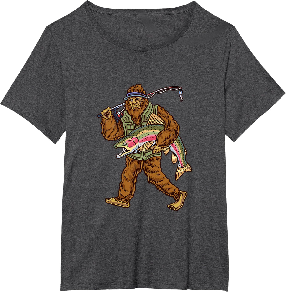 Rainbow Trout Bigfoot Fly Fishing Hunting Fishermen T-Shirt - Dark Heather Grey