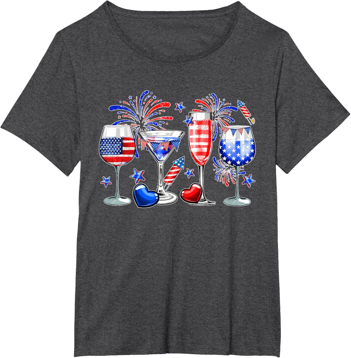 Red White Blue Wine Gles USA Flag 4th Of July Bleached T-Shirt - Dark Heather Grey