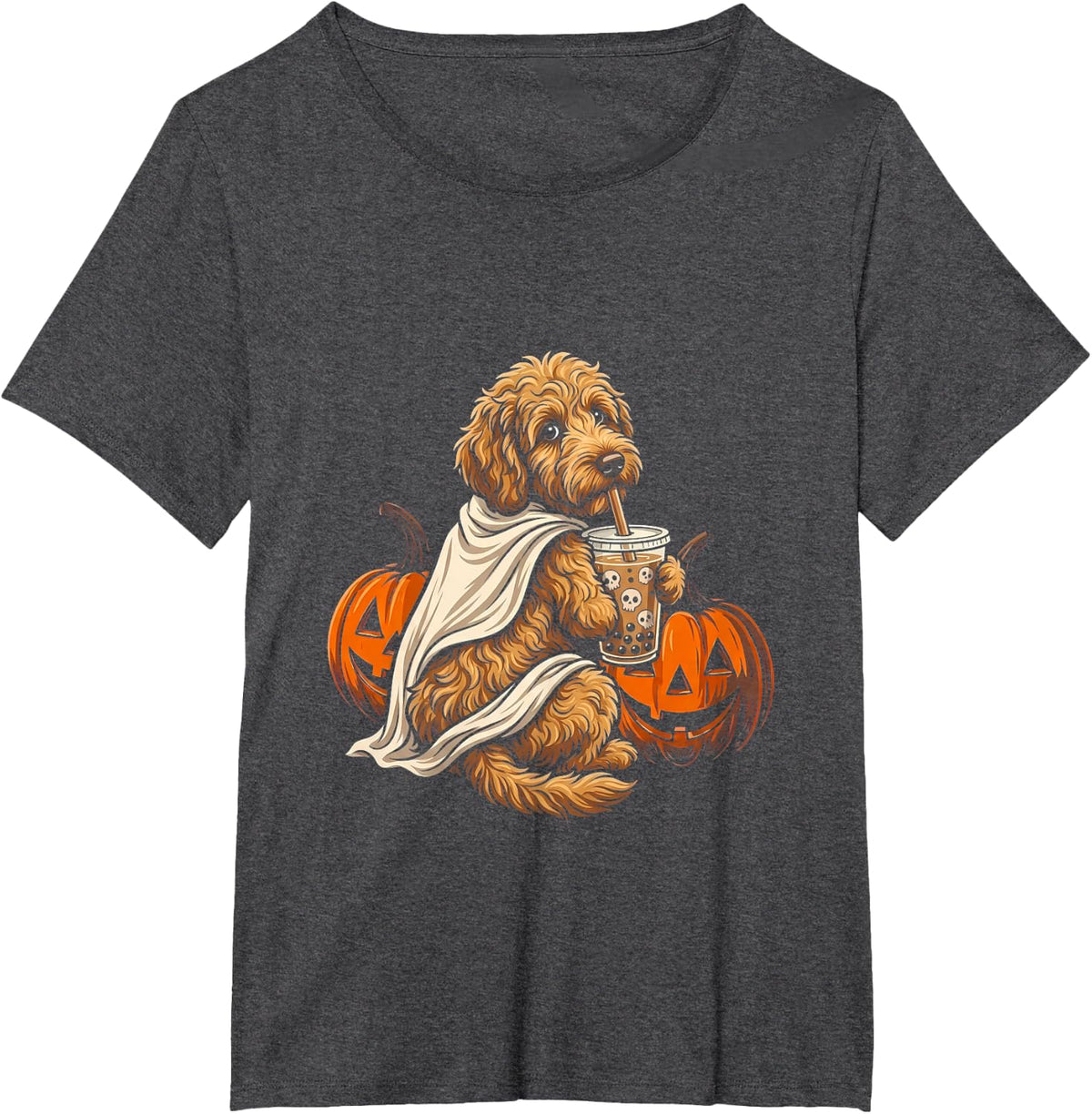 Halloween Goldendoodle Spooky Boba Pumpkin Ghost T-Shirt - Dark Heather Grey
